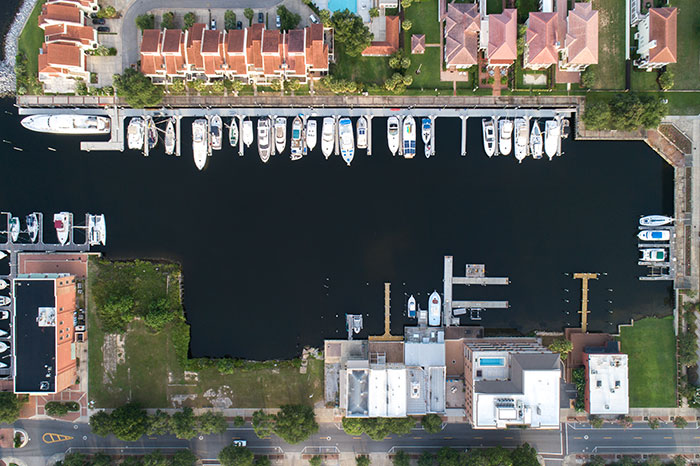 outside view of Baylen Slips from the water facing the harbor