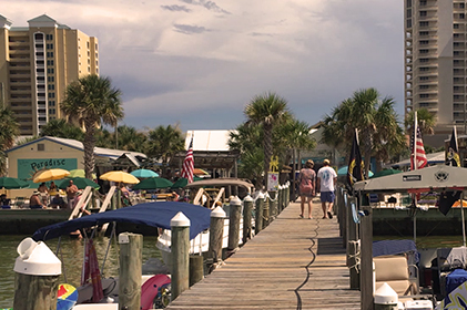 view from dock looking towards shore at Paradise Bar