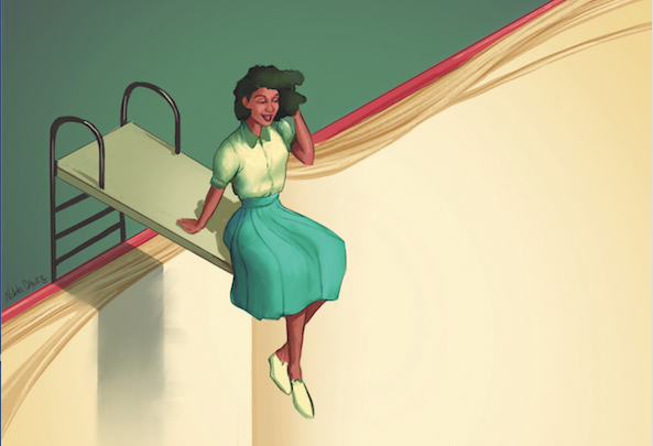 Lady sitting on the end of a diving board attached to a book